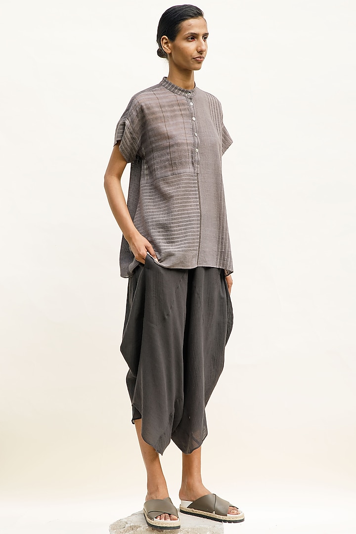 Slate Colored Handwoven Organic Cotton Striped Top by Urvashi Kaur