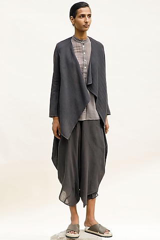 Indigo Textured Handwoven Organic Cotton Asymmetric Jacket by Urvashi Kaur