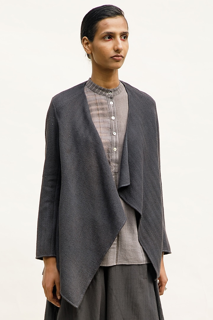 Indigo Textured Handwoven Organic Cotton Asymmetric Jacket by Urvashi Kaur at Pernia's Pop Up Shop