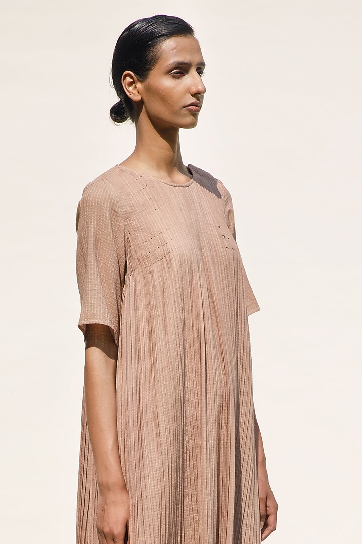 Nude Organic Cotton Micro Pleated Block Printed Shift Vacation Dress by Urvashi Kaur at Pernia's Pop Up Shop
