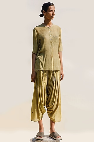 Ochre Matka Silk Block Printed Top by Urvashi Kaur