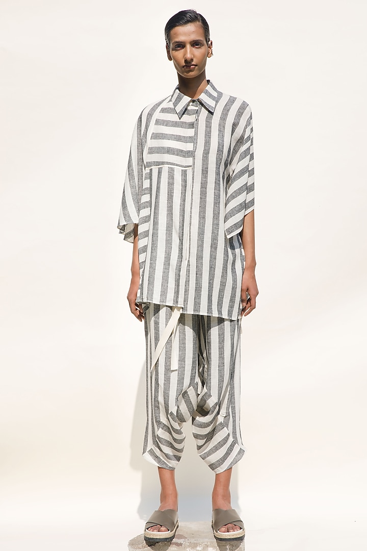 Slate Grey & Shell Colored Handspun Cotton Striped Shirt by Urvashi Kaur at Pernia's Pop Up Shop