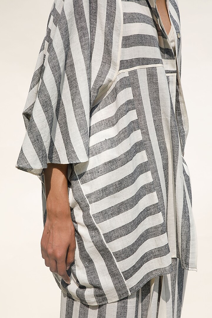 Slate Grey & Shell Colored Handspun Cotton Striped Shirt by Urvashi Kaur at Pernia's Pop Up Shop