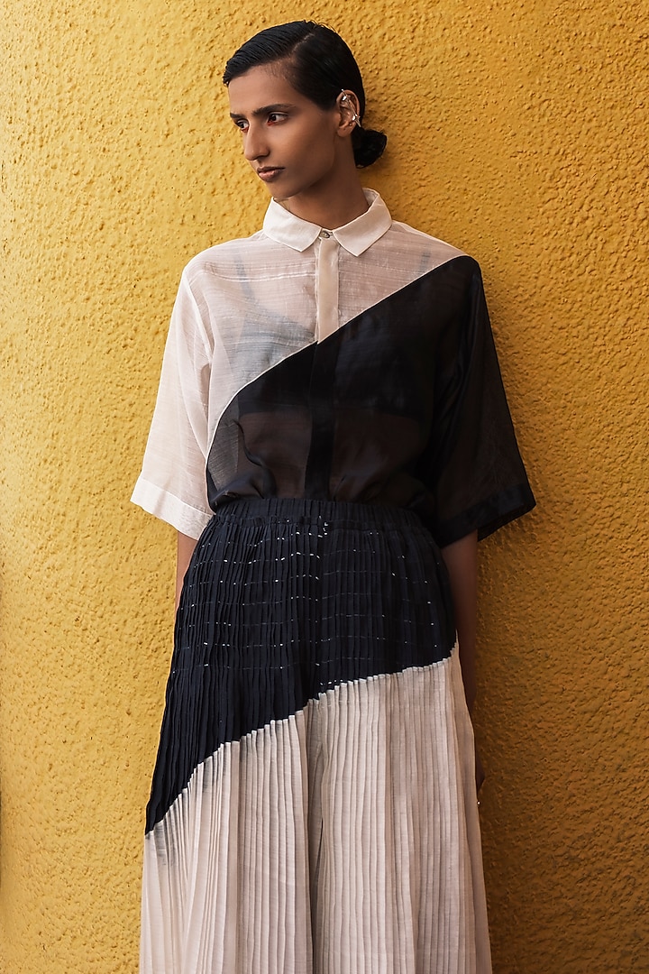 Cream Shell & Charcoal Chanderi Cotton Silk Pleated Pants by Urvashi Kaur at Pernia's Pop Up Shop