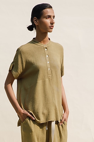 Ochre Crinkle Cotton Top by Urvashi Kaur