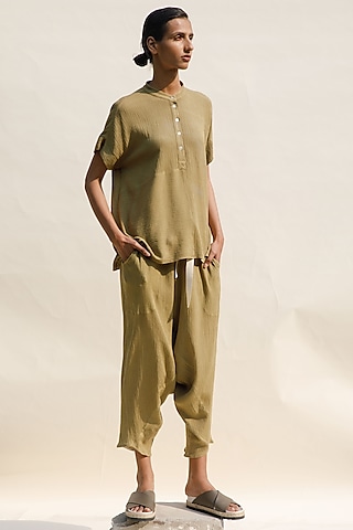 Ochre Crinkle Cotton Dhoti Salwar by Urvashi Kaur