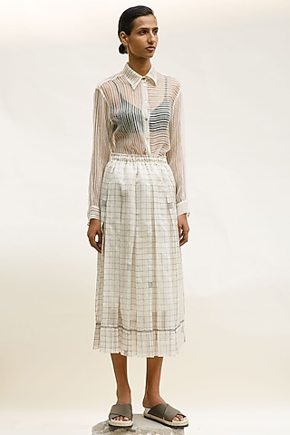 Shell-Colored Chanderi Cotton Silk Checkered Box Pleated Skirt by Urvashi Kaur