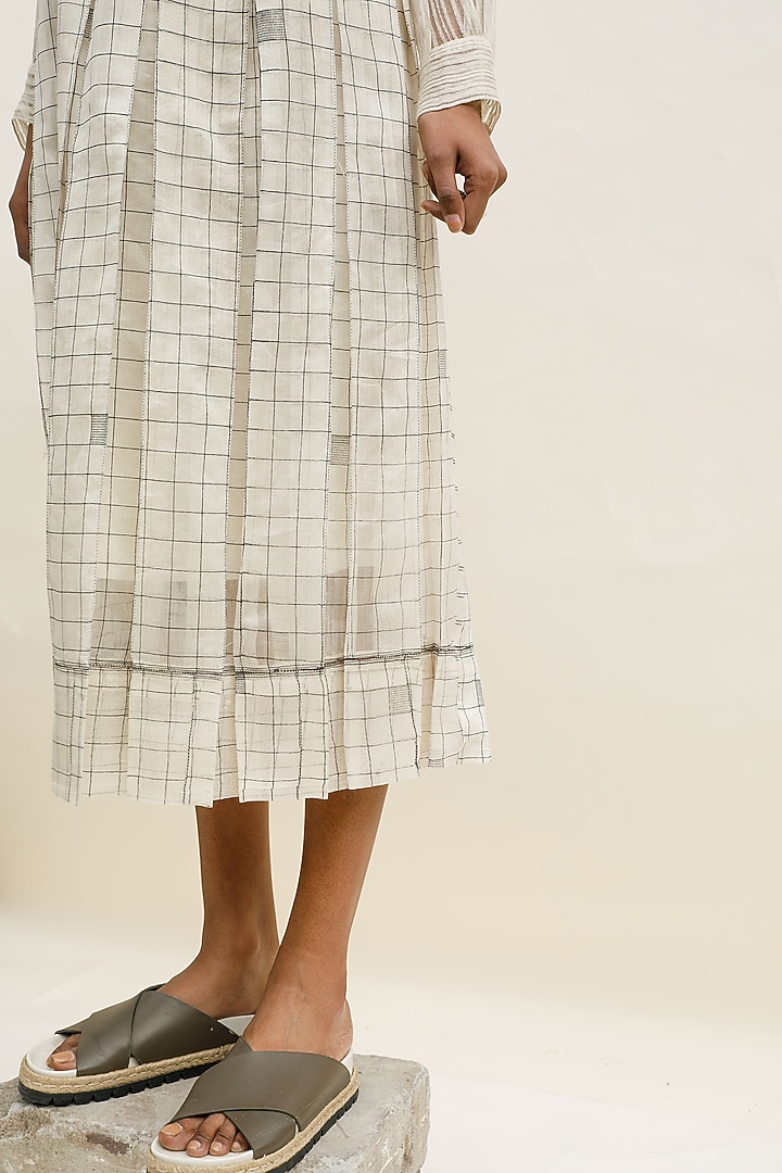 Shell-Colored Chanderi Cotton Silk Checkered Box Pleated Skirt by Urvashi Kaur at Pernia's Pop Up Shop
