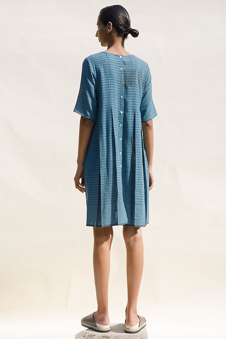 Indigo Organic Cotton Block Printed Box Pleated Vacation Dress by Urvashi Kaur at Pernia's Pop Up Shop