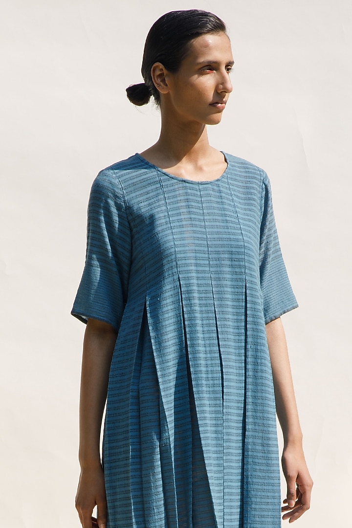 Indigo Organic Cotton Block Printed Box Pleated Vacation Dress by Urvashi Kaur at Pernia's Pop Up Shop