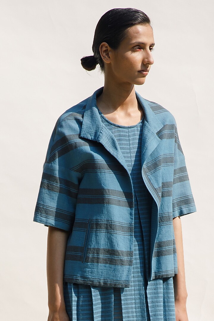 Indigo Organic Cotton Block Printed Cropped Jacket by Urvashi Kaur at Pernia's Pop Up Shop