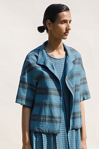 Indigo Organic Cotton Block Printed Cropped Jacket by Urvashi Kaur