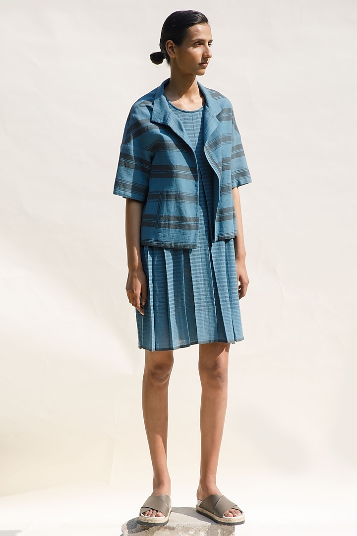 Indigo Organic Cotton Block Printed Cropped Jacket by Urvashi Kaur at Pernia's Pop Up Shop