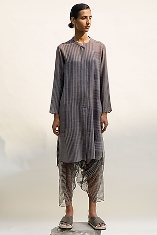 Slate Grey Linen Noil Striped Salwar Pants by Urvashi Kaur