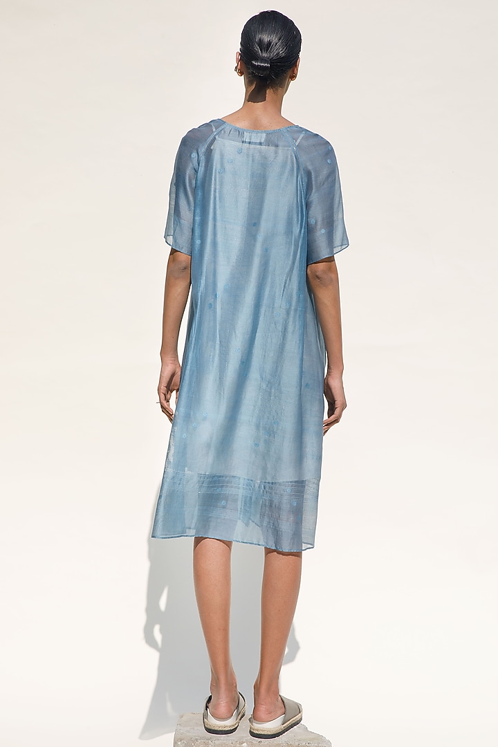 Teal Handloom Jamdani Cotton Silk Pleated Midi Vacation Dress by Urvashi Kaur at Pernia's Pop Up Shop