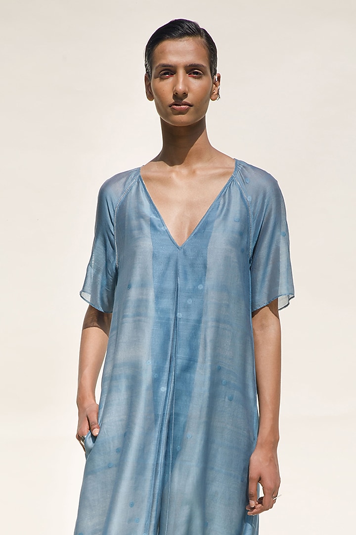 Teal Handloom Jamdani Cotton Silk Pleated Midi Vacation Dress by Urvashi Kaur at Pernia's Pop Up Shop