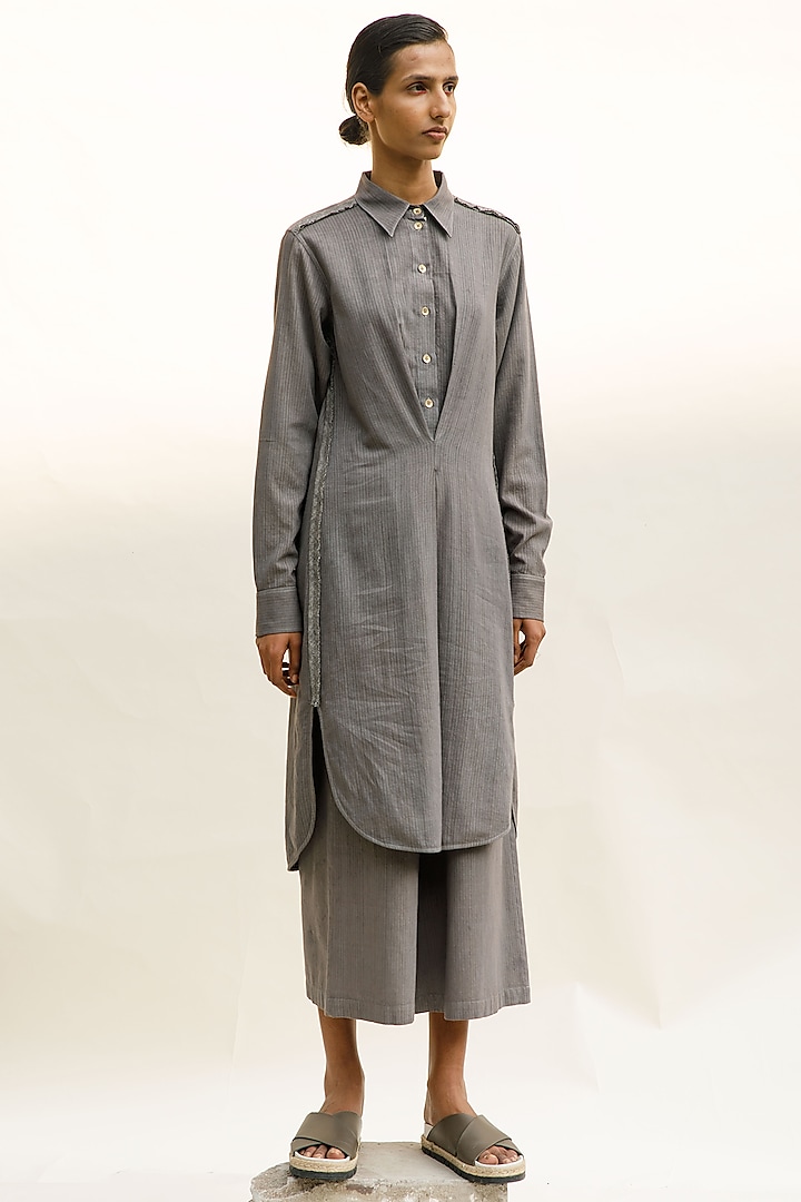 Slate Grey Handwoven Organic Cotton Pants by Urvashi Kaur at Pernia's Pop Up Shop