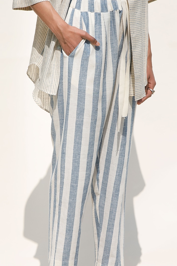 Shell-Colored Handloom Cotton Striped Narrow Pants by Urvashi Kaur at Pernia's Pop Up Shop