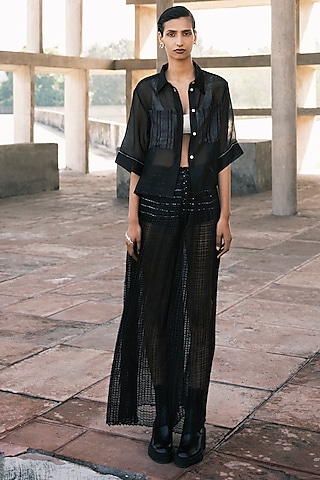 Charcoal Chanderi Cotton Silk Sheer Cropped Shirt by Urvashi Kaur