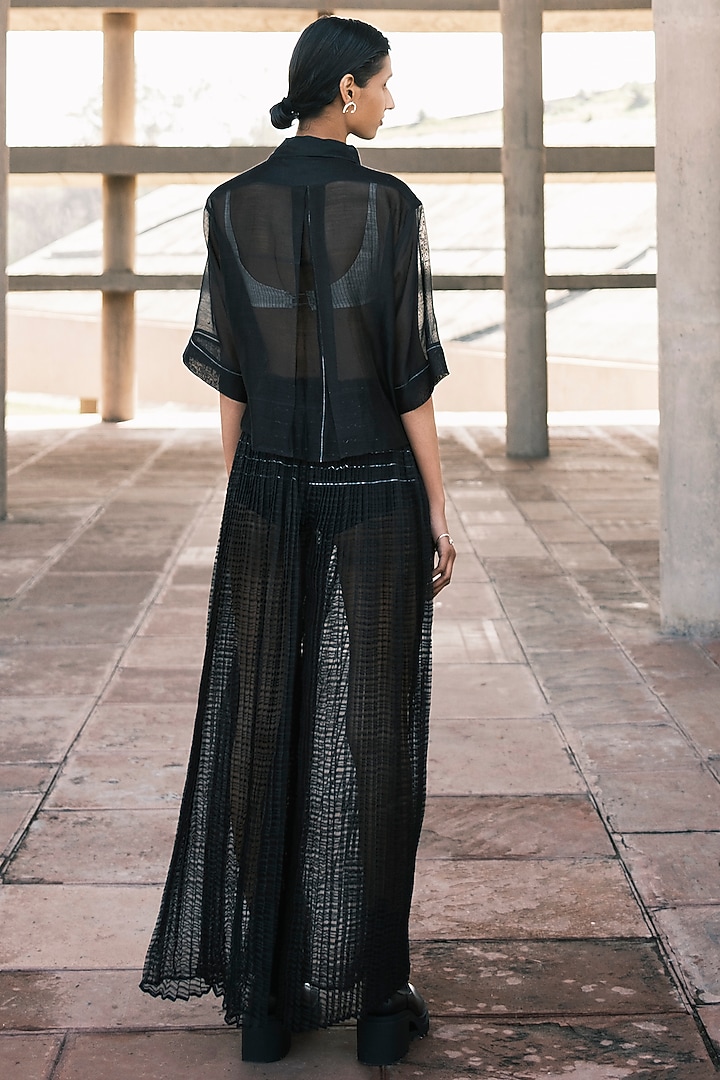 Charcoal Chanderi Cotton Silk Sheer Cropped Shirt by Urvashi Kaur at Pernia's Pop Up Shop