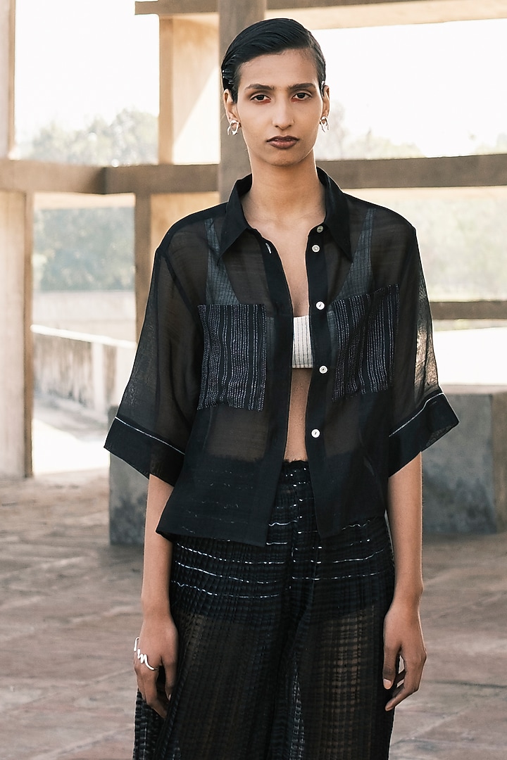 Charcoal Chanderi Cotton Silk Sheer Cropped Shirt by Urvashi Kaur at Pernia's Pop Up Shop