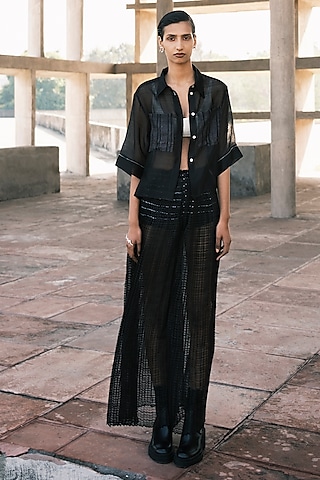 Charcoal Chanderi Cotton Silk Hand Micro Pleated Wide Pants by Urvashi Kaur
