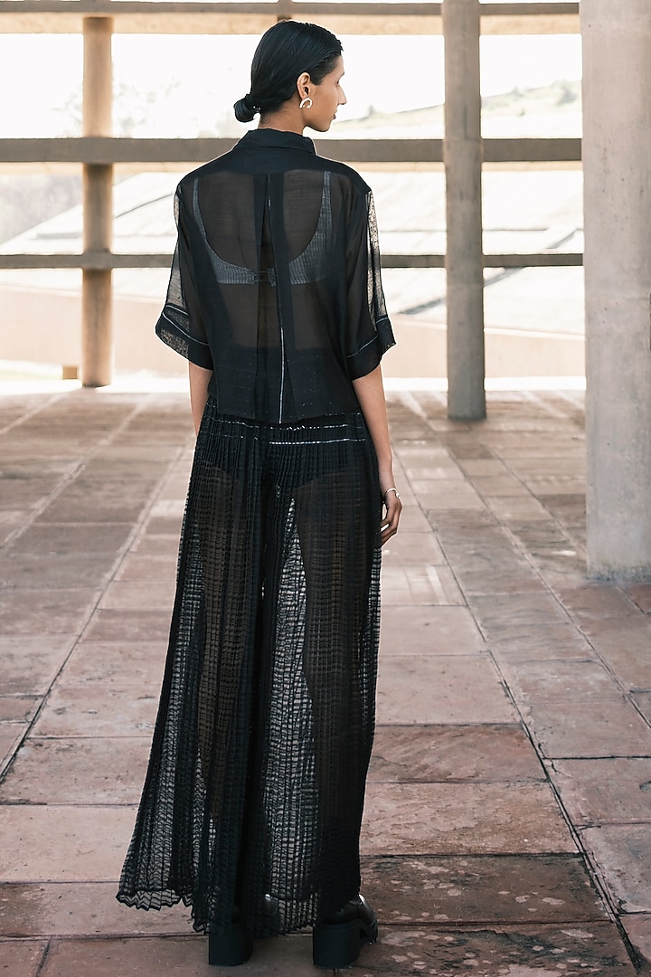 Charcoal Chanderi Cotton Silk Hand Micro Pleated Wide Pants by Urvashi Kaur at Pernia's Pop Up Shop