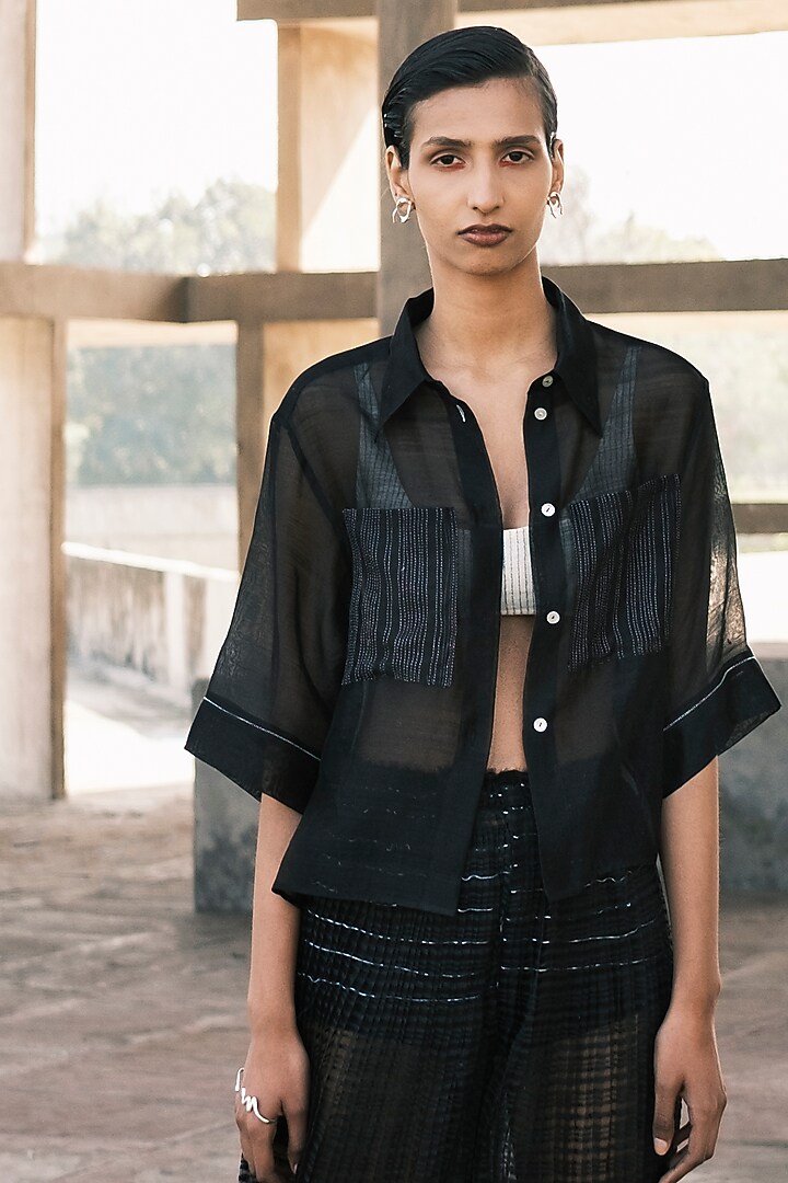 Charcoal Chanderi Cotton Silk Hand Micro Pleated Wide Pants by Urvashi Kaur at Pernia's Pop Up Shop