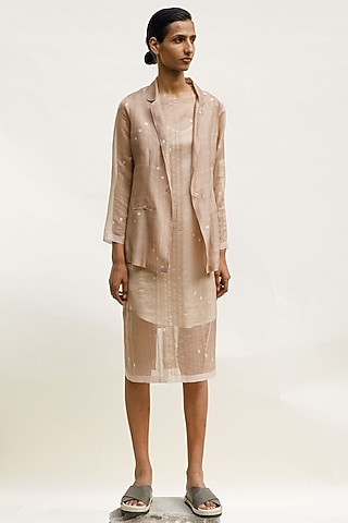 Nude Chanderi Cotton Silk Jamdani Sheer Jacket by Urvashi Kaur