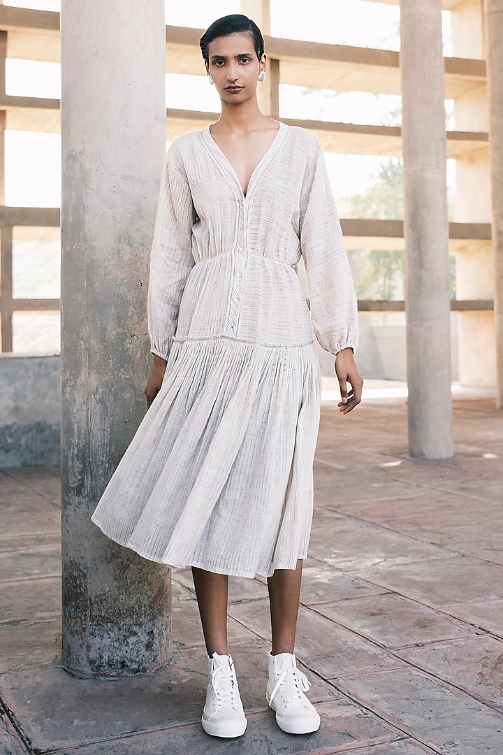 Nude Handwoven Linen Cotton Striped Midi Dress by Urvashi Kaur at Pernia's Pop Up Shop