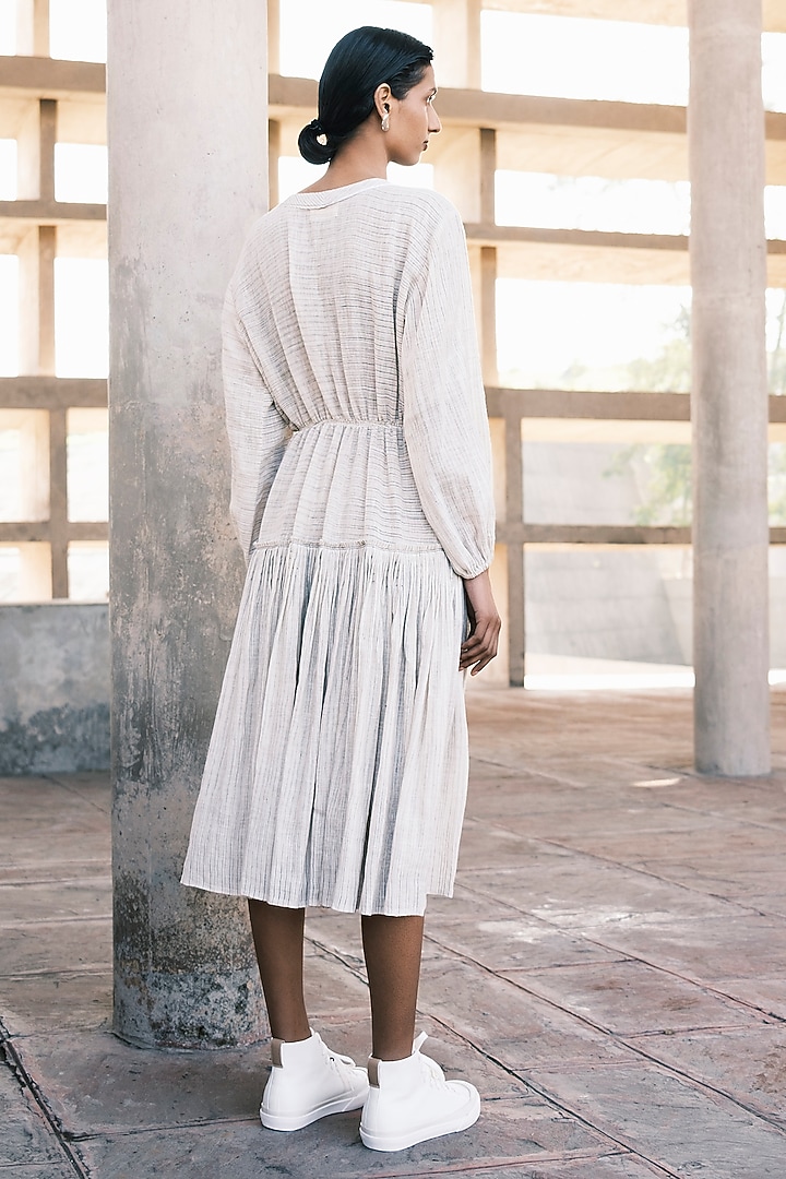 Nude Handwoven Linen Cotton Striped Midi Vacation Dress by Urvashi Kaur at Pernia's Pop Up Shop
