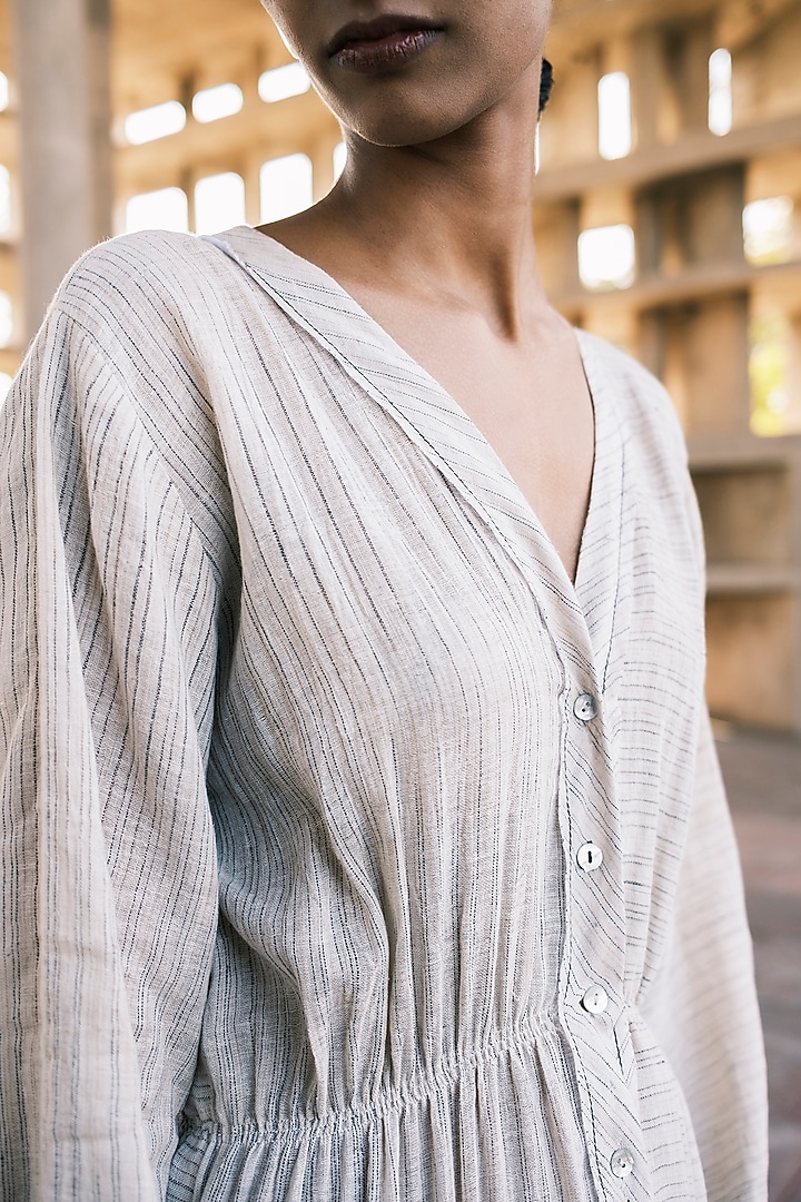 Nude Handwoven Linen Cotton Striped Midi Vacation Dress by Urvashi Kaur at Pernia's Pop Up Shop