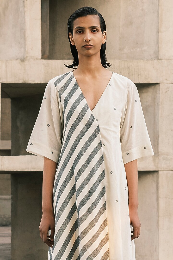 Shell-Colored & Charcoal Handspun Cotton Jamdani Flared Striped Vacation Dress by Urvashi Kaur at Pernia's Pop Up Shop