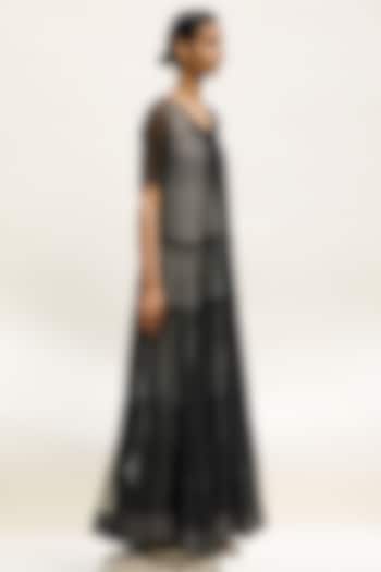 Charcoal Linen Noil Tiered Maxi Dress by Urvashi Kaur