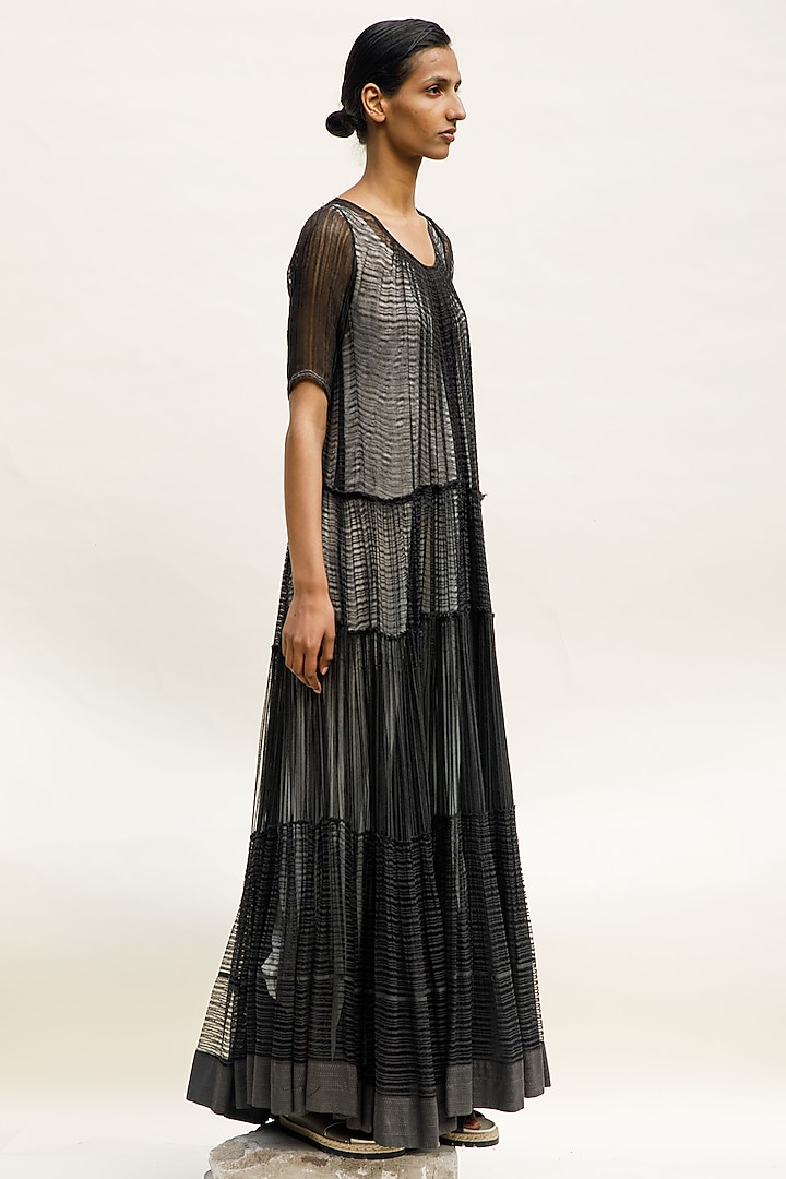 Charcoal Linen Noil Tiered Maxi Dress by Urvashi Kaur