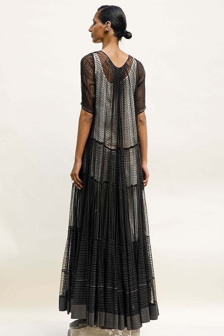 Charcoal Linen Noil Tiered Maxi Cocktail Dress by Urvashi Kaur at Pernia's Pop Up Shop