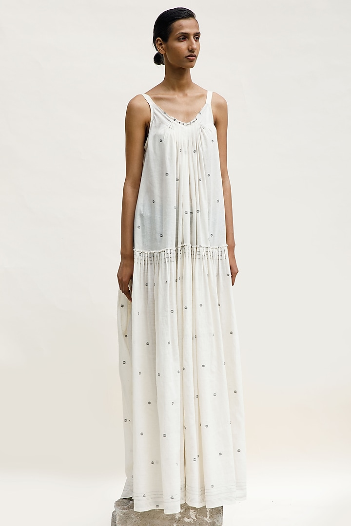 Shell-Colored Handloom Cotton Linen Flared Maxi Dress by Urvashi Kaur at Pernia's Pop Up Shop