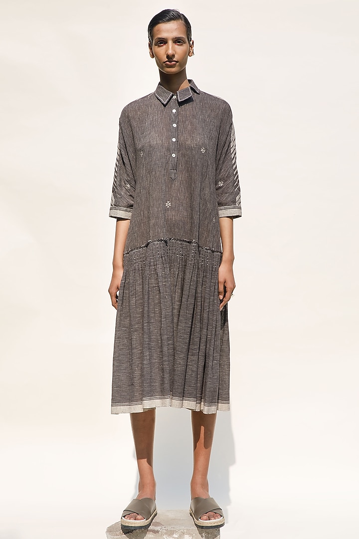 Slate Grey Handspun Cotton Jamdani Shirt Dress by Urvashi Kaur at Pernia's Pop Up Shop