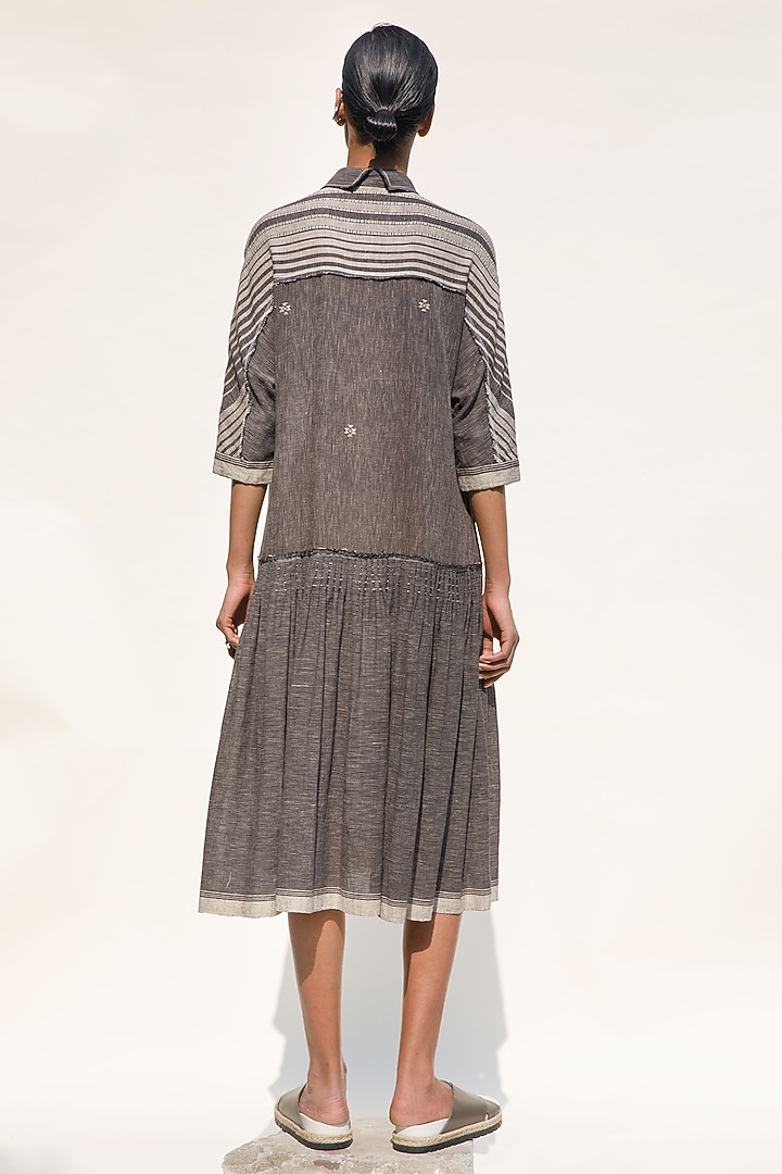 Slate Grey Handspun Cotton Jamdani Vacation Shirt Dress by Urvashi Kaur at Pernia's Pop Up Shop