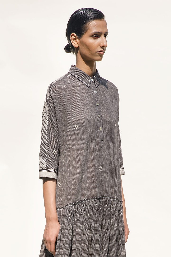 Slate Grey Handspun Cotton Jamdani Vacation Shirt Dress by Urvashi Kaur at Pernia's Pop Up Shop