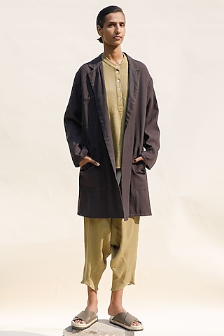 Charcoal Organic Cotton Block Printed Jacket by Urvashi Kaur