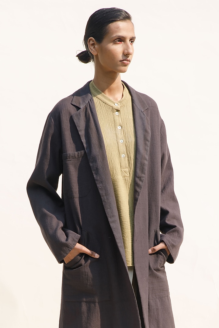 Charcoal Organic Cotton Block Printed Jacket by Urvashi Kaur at Pernia's Pop Up Shop