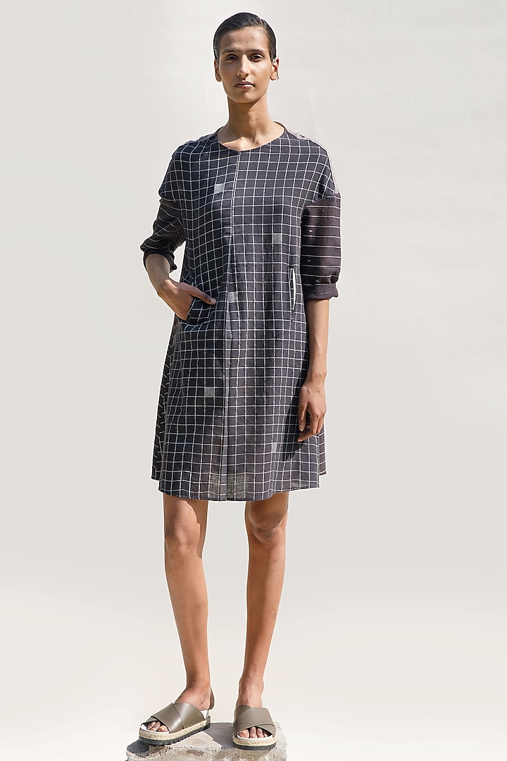 Charcoal Organic Cotton Block Printed Knee-length Dress by Urvashi Kaur at Pernia's Pop Up Shop