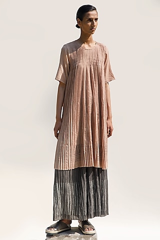 Charcoal Organic Cotton Block Printed Micro Pleated Wide Pants by Urvashi Kaur