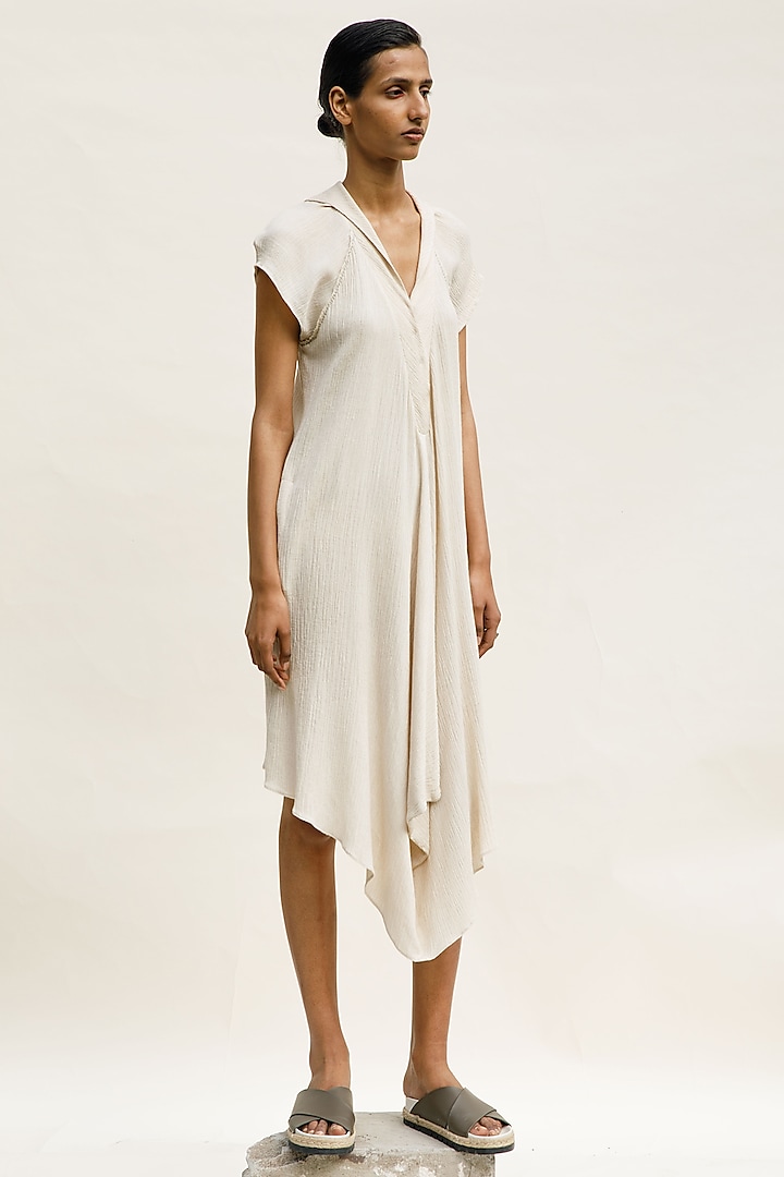 Shell-Colored Textured Cotton Knee-Length Dress by Urvashi Kaur at Pernia's Pop Up Shop