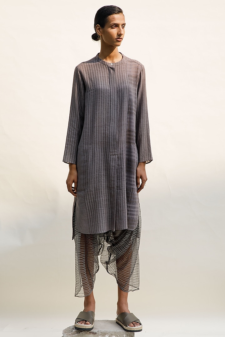 Slate Grey Handwoven Organic Cotton Striped Tunic by Urvashi Kaur at Pernia's Pop Up Shop