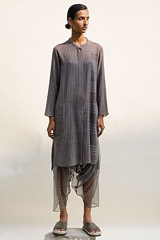 Slate Grey Handwoven Organic Cotton Striped Tunic by Urvashi Kaur