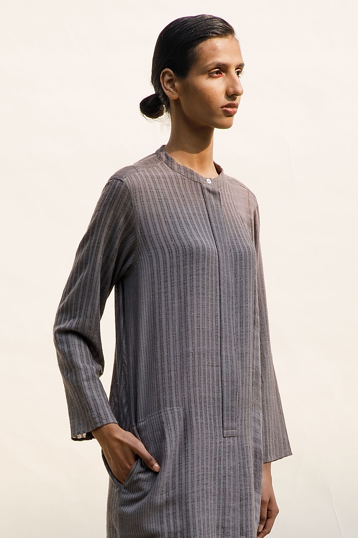 Slate Grey Handwoven Organic Cotton Striped Tunic by Urvashi Kaur at Pernia's Pop Up Shop