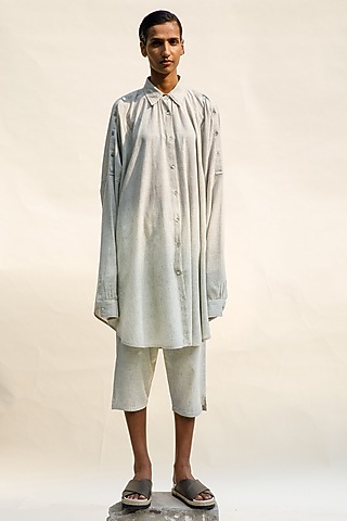 Shell-Colored Handspun Cotton Striped Jamdani Shirt by Urvashi Kaur