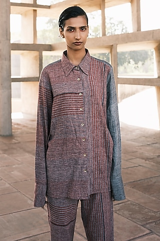 Brick Hand Spun Cotton Striped Shirt by Urvashi Kaur